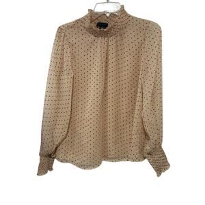 Sanctuary XS Smocked High Neck Polka Dot Blouse Pale Blush Pink Black Sheer Top